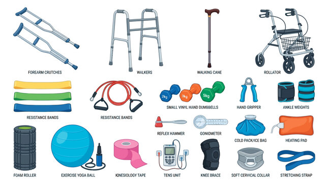 Rehabilitation equipment and exercise tools for physical therapy displayed on a white background