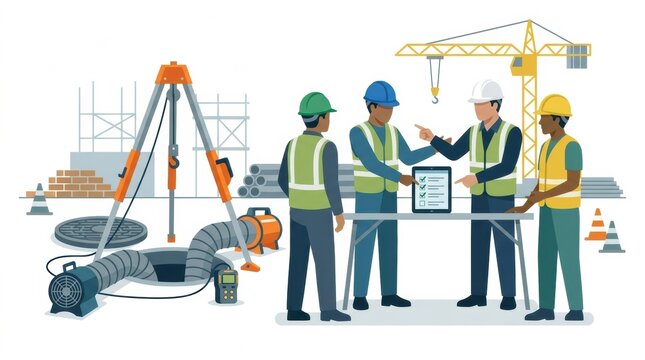 Contractors discuss safety permits for confined space entry while surrounded by construction tools and machinery at a work site.