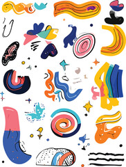 Naklejka premium Abstract doodle elements and shapes, playful colorful shapes, organic curves, and geometric patterns