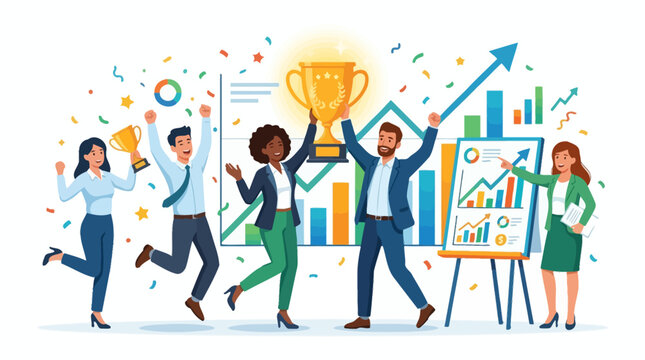 Business Team Celebration Winning Trophy Success Growth Chart Achievements