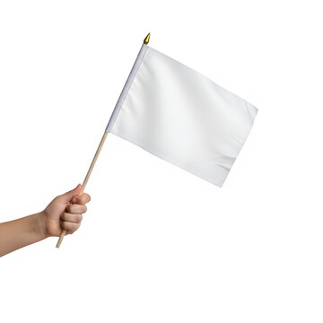 Person holding a plain white flag on a pole outdoors