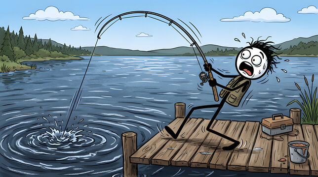 Struggling Angler on Dock: A stick figure angler on a wooden dock experiences an intense struggle with a large catch, depicted by the bending fishing rod and the fish's vigorous splashing.