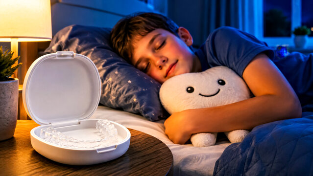 Orthodontic Night Guard Case on Nightstand in Foreground, Sleeping Boy Hugging Tooth Pillow in Blurred Background