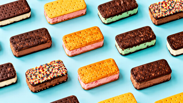 Repeating Pattern of Ice Cream Sandwiches on Clean Blue Pastel Surface