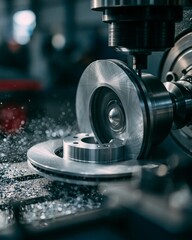 Fototapeta premium Medium shot showing a solid brake rotor undergoing turning and balancing in a clean workshop focusing on the smooth surface finish and machine operation.