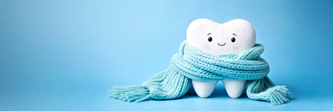 Smiling Tooth Plush Toy in Knitted Scarf on Blue Studio Background