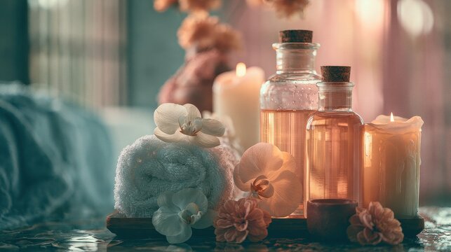 Spa treatment wellness ritual peaceful ambiance rejuvenation holistic health premium relaxation focus on natural arrangement close up tranquil theme ethereal Double exposure luxury wellness resort int
