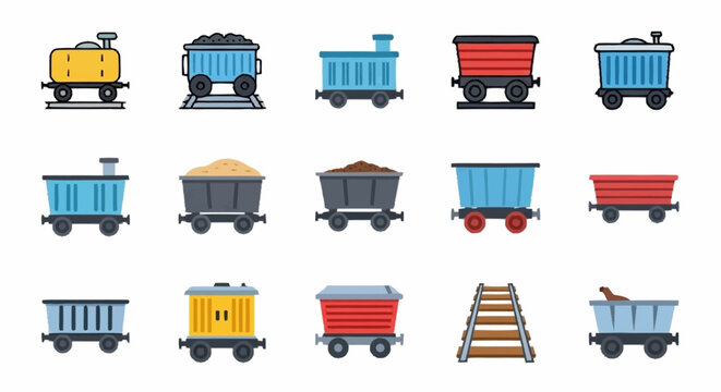 Colorful Flat Design Train Cars and Cargo Wagons Set.