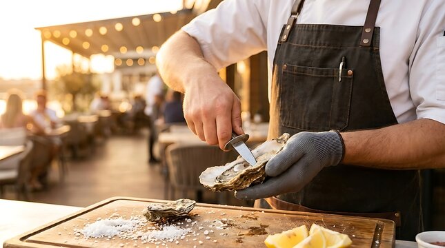 Chef shucking fresh oysters with knife on wooden board, outdoor restaurant setting at sunset