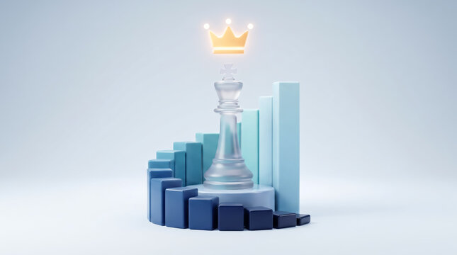 Business strategy concept with a glass chess king piece on top of a rising bar chart growth graph