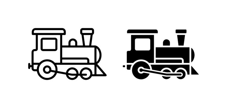 Steam Locomotive Icons: Classic Train Outline and Solid Silhouette, Transportation Graphics