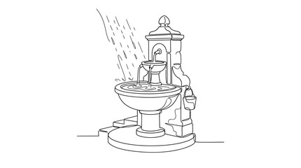 Elegant stone fountain with cascading water, drawing, line art, garden feature © Zeyi
