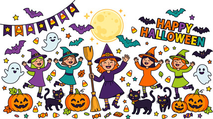 Fototapeta premium Festive halloween illustration with children witches and spooky decorations