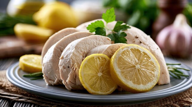Steamed chicken lean protein muscle recovery nutritious lifestyle low calorie meal focus on tender texture close up athletic nutrition theme dynamic Overlay minimalist dining setup.