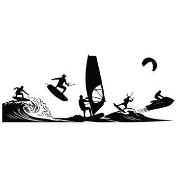 Water sports collection vector silhouette illustration of various surfing activities set.