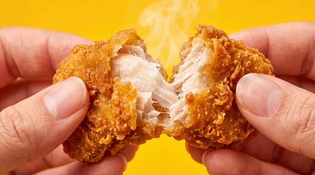 Fried chicken nugget closeup crunchy breaking hand golden crispy crust with tender meat pulled apart against yellow background hot steam snack texture