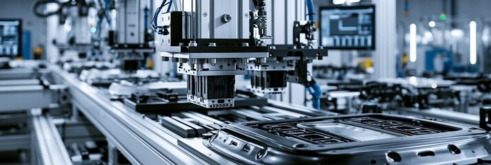 Fototapeta premium Medium shot of a hightech manufacturing line forming lightweight composite hoods using fiberreinforced materials showcasing automated curing processes for automotive applications.