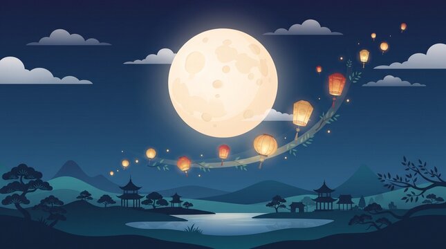 Enchanting scene of colorful paper lanterns floating into a dark blue night sky toward a brilliant full moon