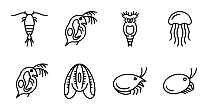 Plankton and zooplankton line icon set, 8 aquatic microorganism vector elements, marine biology science illustrations