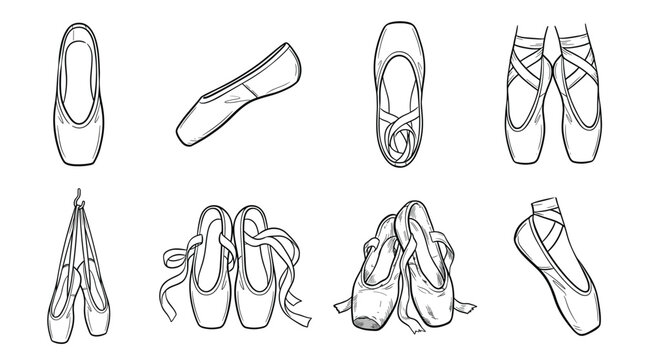 Set of eight black and white line of ballet pointe shoes, including single shoes, pairs, and tied ribbons, isolated on a white background, for dance themed projects