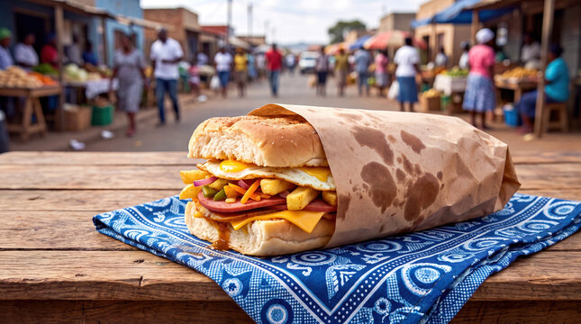A delicious South African Kota sandwich street food on a traditional Shweshwe patterned fabric table cloth