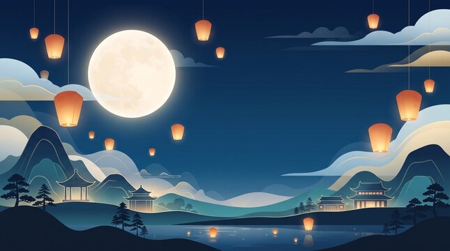 Peaceful Night Sky Scene with Large Full Moon and Floating Lanterns
