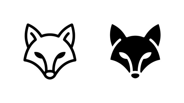 Minimalist fox head logo icons, black and white animal vector set, modern geometric fox face branding elements