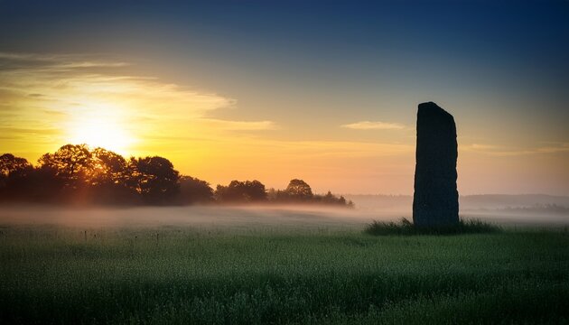 mysterious dark monolith floating silently above a tranquil misty green field silhouetted against the glowing sunrise evoking a profound sense of wonder and ancient secrets