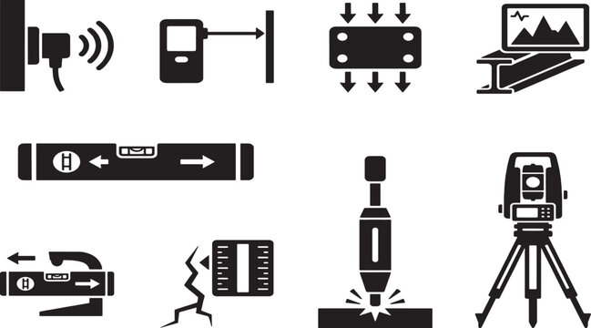 Collection of construction and measurement tool including levels, surveying equipment, and structural analysis
