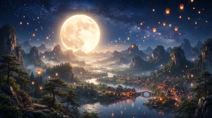 Fototapeta premium Fantasy Landscape Illustration with Full Moon and Mountains for Mid-Autumn Festival
