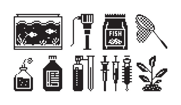 Fish care tools and equipment set with syringe and aquarium cleaning supplies in pixel art.