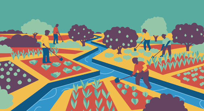 An illustration showing multiple farmers working in terraced fields with various crops and fruit trees, irrigated by a winding river or canal.