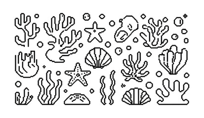 Pixel art elements of marine ecosystem, coral reef, and underwater plants. © parul