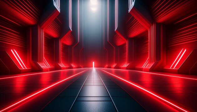 cinematic backdrop with striking red neon glow defining an empty futuristic space and casting dramatic shadows on a textured dark floor