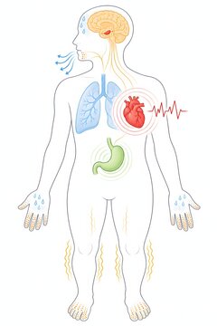 Panic attack body response diagram, anxiety symptoms, mental health medical illustration showing panic attack physiological response including amygdala activation, heart, lungs and body symptoms