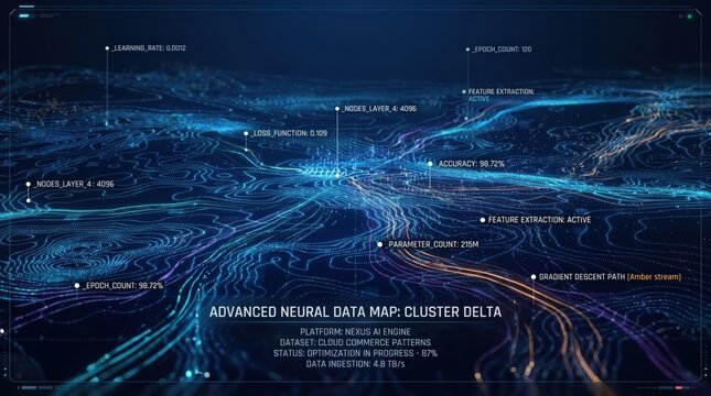 Advanced neural data map visualization showing cluster delta patterns, artificial intelligence machine learning algorithm optimization, deep learning network structure with glow...