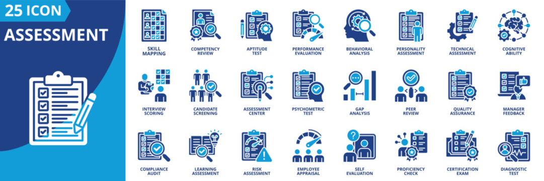 assessment icon set contains skill mapping, competency review, aptitude test, performance evaluation, behavioral analysis, cognitive ability, interview scoring, candidate screening, psychometric test