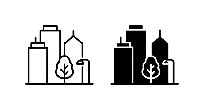 Modern Cityscape Icons, Urban Skyline Vector Graphics, Minimalist Downtown Buildings, Business District Symbols