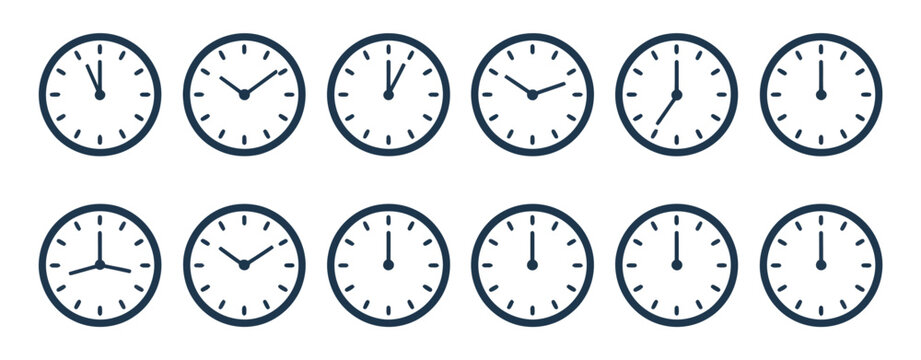 Time Zone Clock Icon set, outline analog clock faces showing different hours from 1 to 12, vector illustration for schedules, world time, planning, and business applications.