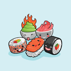 Funny kawaii sushi nigiri with expressions sticker vector © Buddhadeb