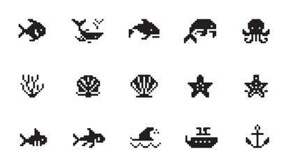 Solid pixel silhouette icons of marine life whale dolphin shark octopus and nautical items. © parul