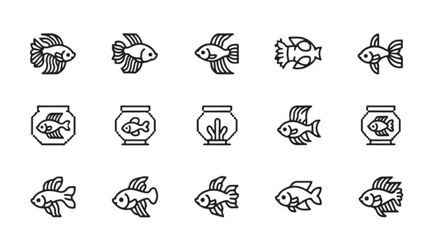 Vector line art fish icons featuring fighting fish species and decorative glass fishbowls.