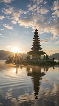 Timelapse movie showing sunrise at Pura Ulun Danu Brata with reflection on water in Bali