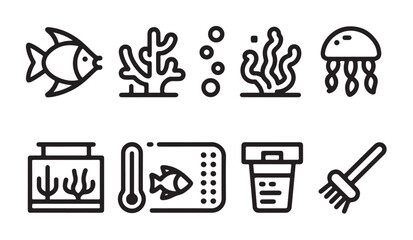 Aquatic life icons for aquarium, fish, coral, jellyfish and supplies. © parul
