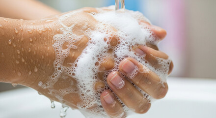 Fototapeta premium Washing hands with soap and water, close-up of soapy hands under faucet, hygiene concept