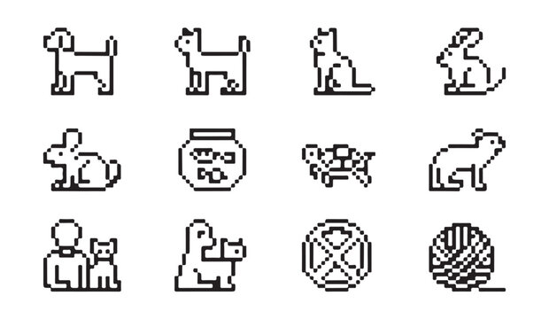 Pixel art pets collection dog cat rabbit hamster turtle and human.