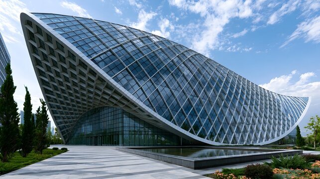 A modern architectural structure with a sweeping curved glass and metal facade under a bright blue sky with scattered clouds