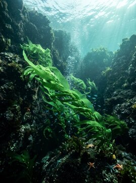 Underwater view of green kelp forest with rising air bubbles, scenic ocean reef environment.