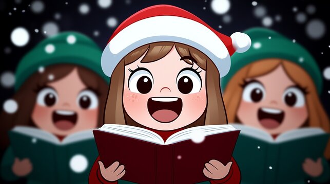 Children joyfully singing holiday songs while wearing festive attire outdoors in a snowy setting at night