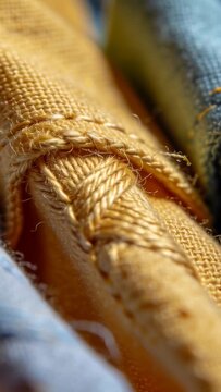 Vertical video: Moving camera starting filming mustard fabric seam in room showing braided stitch